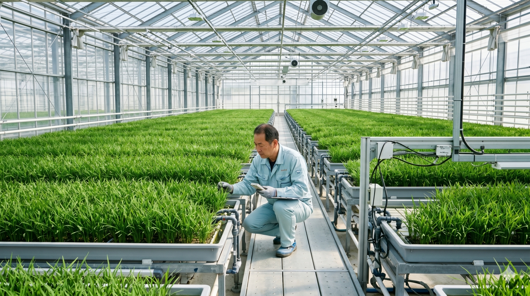 温室で稲の生育を確認する研究者